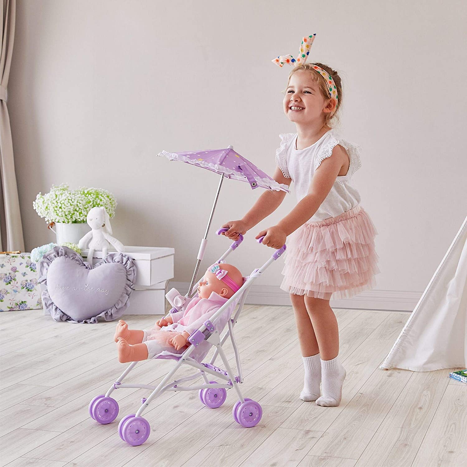 Olivia’s Little World Classic Baby Doll Stroller Pushchair & Parasol Purple - Image 2